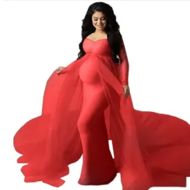 Babymoon Long Tail Maternity Gown Dress - Red