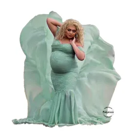 Babymoon Off Shoulder Long Tail Maternity Gown Dress - Green