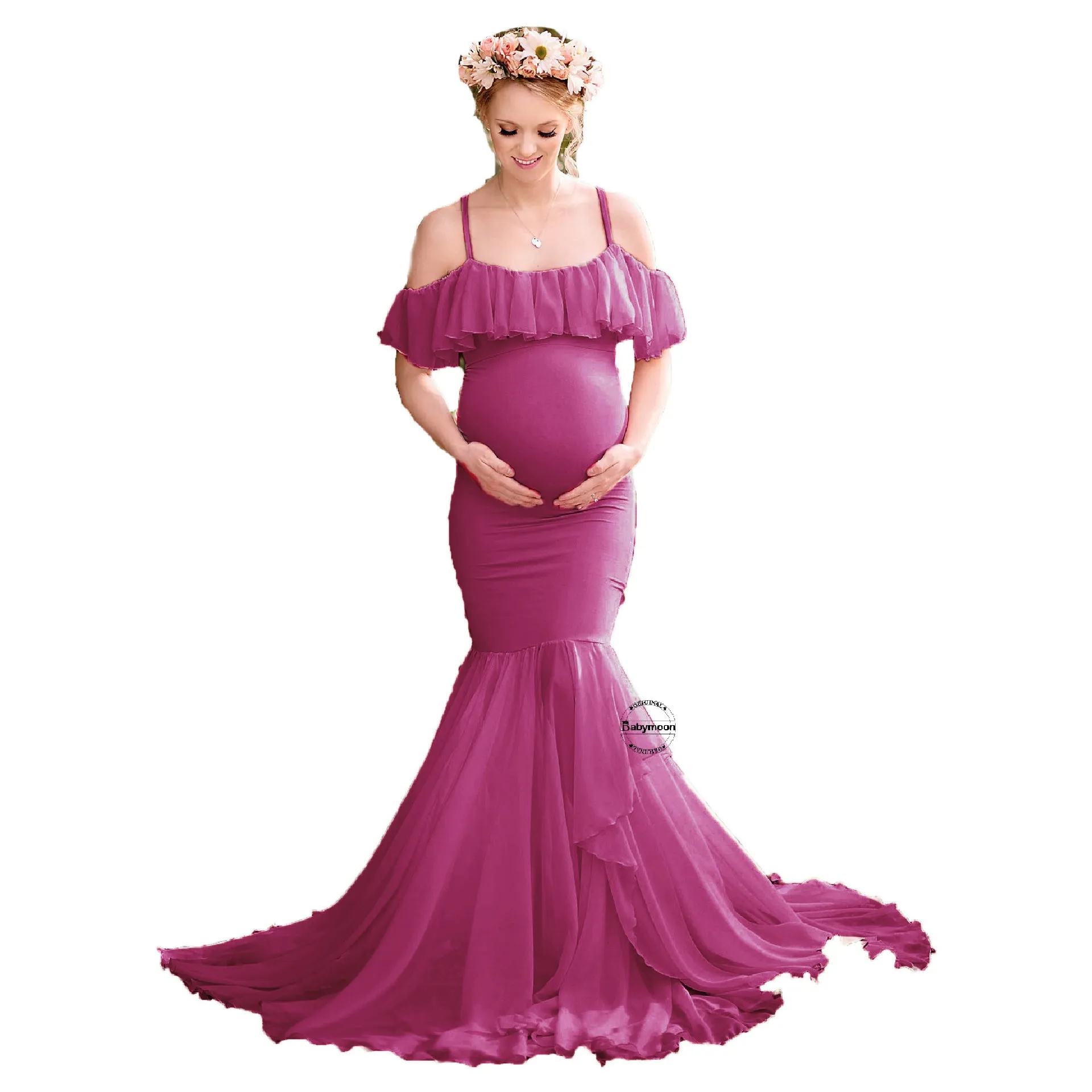 Babymoon Off Shoulder Maternity Gown Dress - Dark Pink