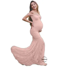 Babymoon Off Shoulder Maternity Gown Dress - Peach