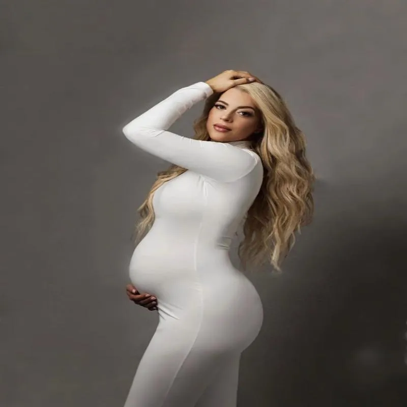 Babymoon Strechable High Neck Full Sleeve Maternity Gown Dress | White