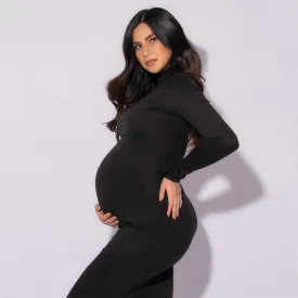 Babymoon Stretchable High Neck Full Sleeve Maternity Gown Dress | Black