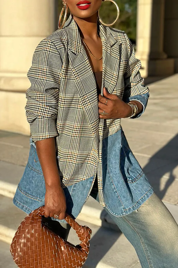 Chic Plaid Denim Patchwork Button Back Blazer