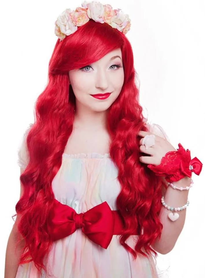 Classic Crimson Red Deluxe Womens Wavy Wig