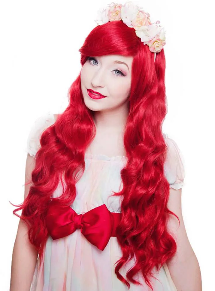 Classic Crimson Red Deluxe Womens Wavy Wig