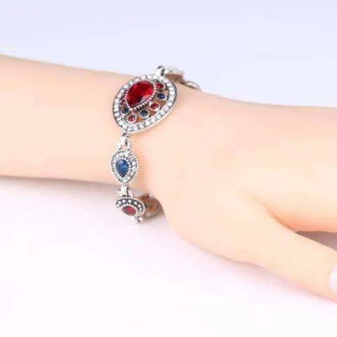 Crimson and Cobalt Crystal Tear Drop Vintage Filigree Milgrain Inspired Silver Bracelet for Women Boho