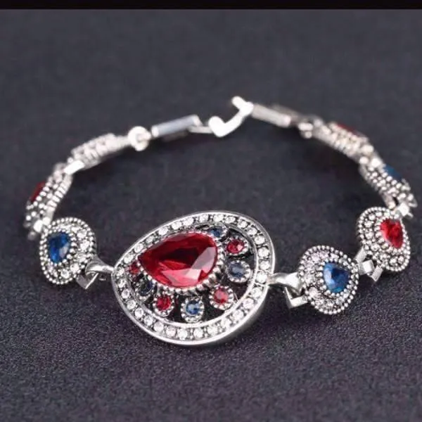 Crimson and Cobalt Crystal Tear Drop Vintage Filigree Milgrain Inspired Silver Bracelet for Women Boho