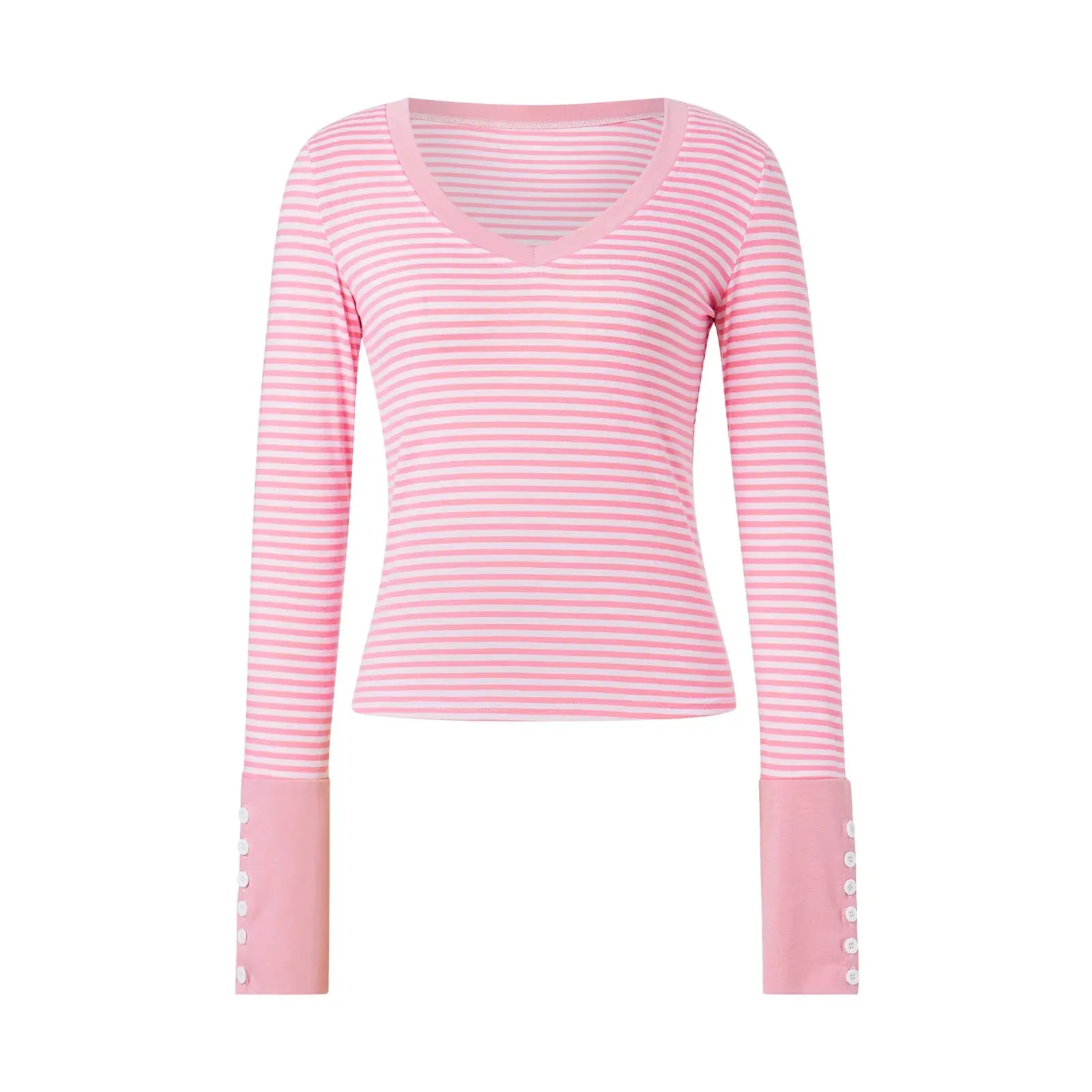 Fall Pink Striped V-neck Long Sleeve Slim Fit Tees Top Pullover Spring T-shirt