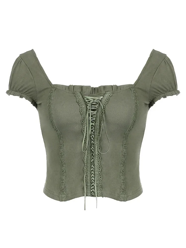 Green Crop Top with Lace Trim and Square Collar