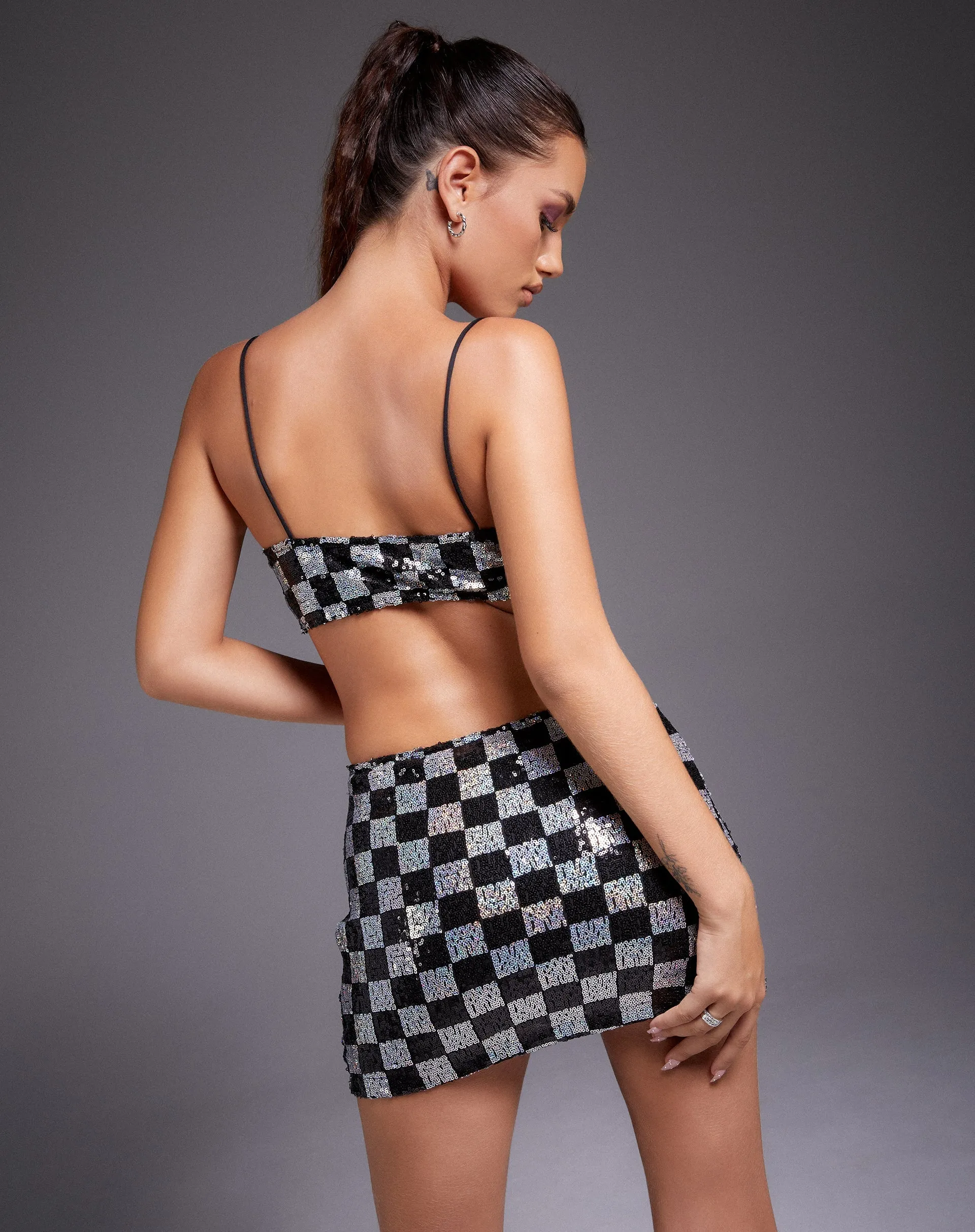 Keyan Tube Top in Checkerboard Sequin Black and Silver