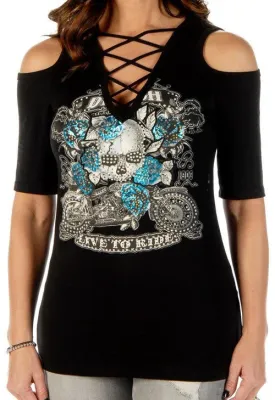 Ladies Skull and Roses Rhinestone Shirt Made in the USA 7670