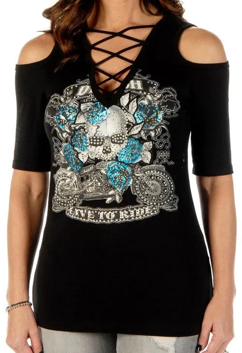 Ladies Skull and Roses Rhinestone Shirt Made in the USA 7670