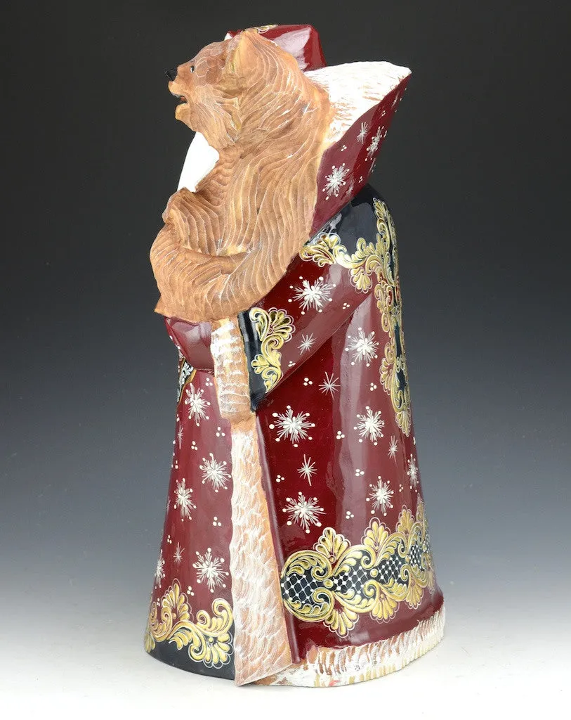 Large Burgundy and Gold Santa with Bear - Russian Santa