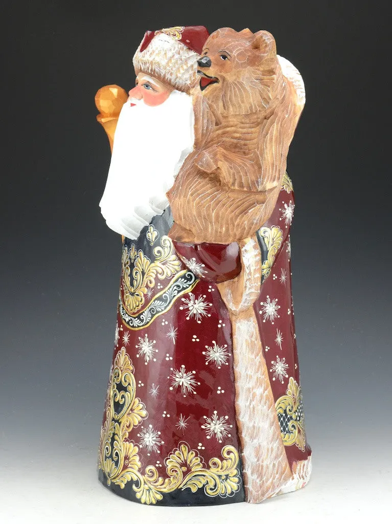 Large Burgundy and Gold Santa with Bear - Russian Santa