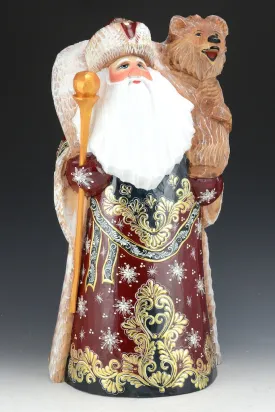 Large Burgundy and Gold Santa with Bear - Russian Santa