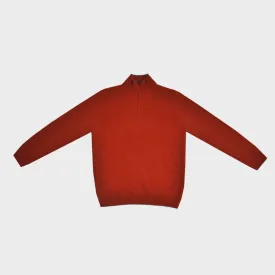 Merino Wool Quarter Zip Jumper in Rusty Red with Beige Trim