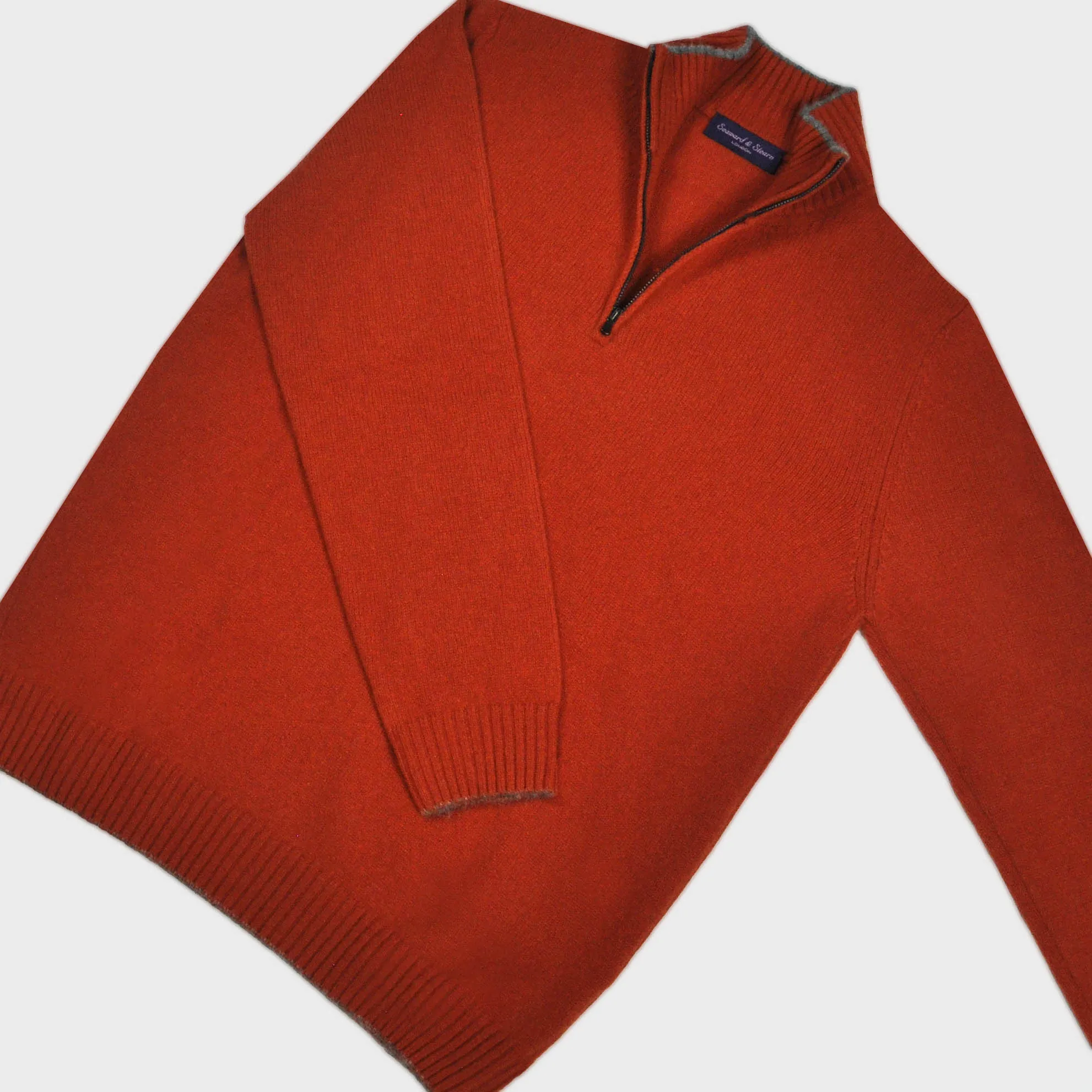 Merino Wool Quarter Zip Jumper in Rusty Red with Beige Trim