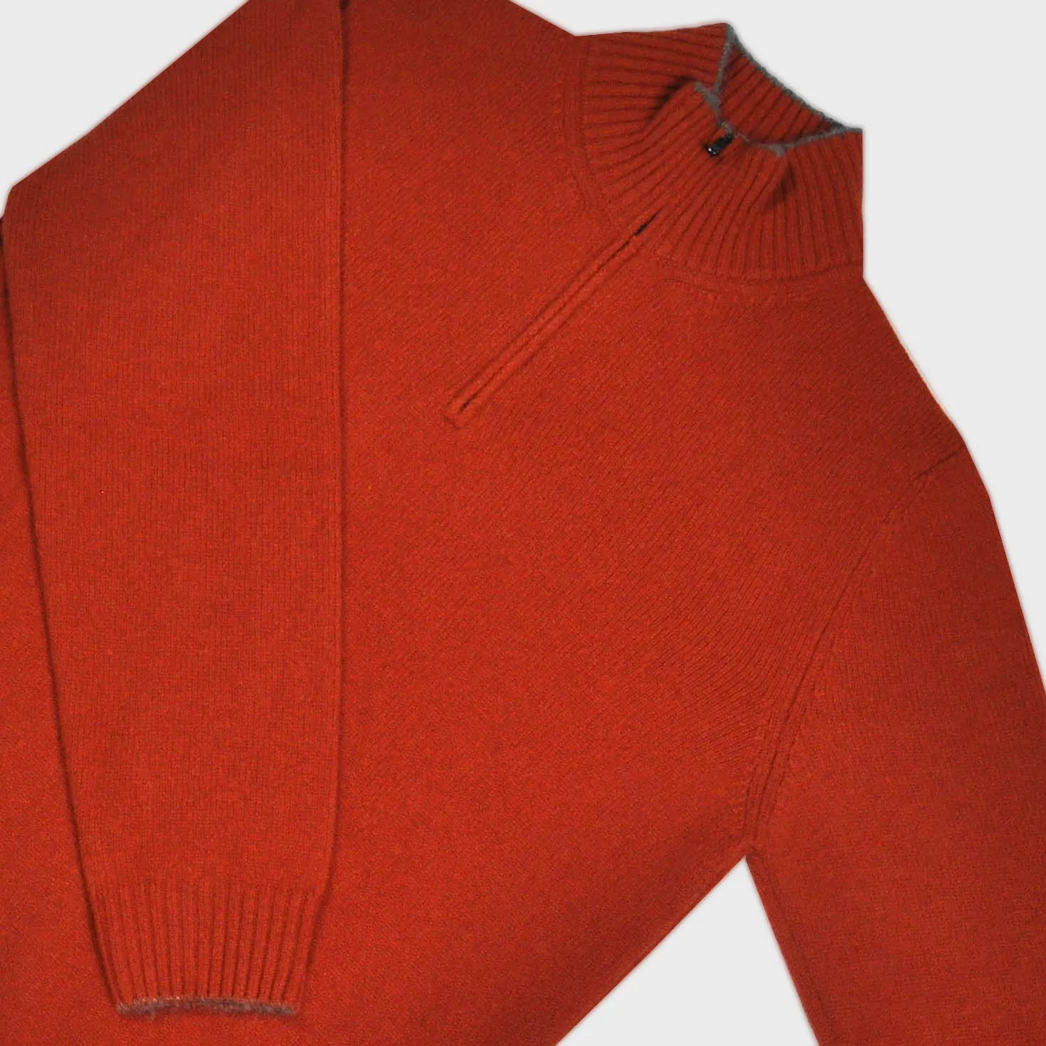 Merino Wool Quarter Zip Jumper in Rusty Red with Beige Trim