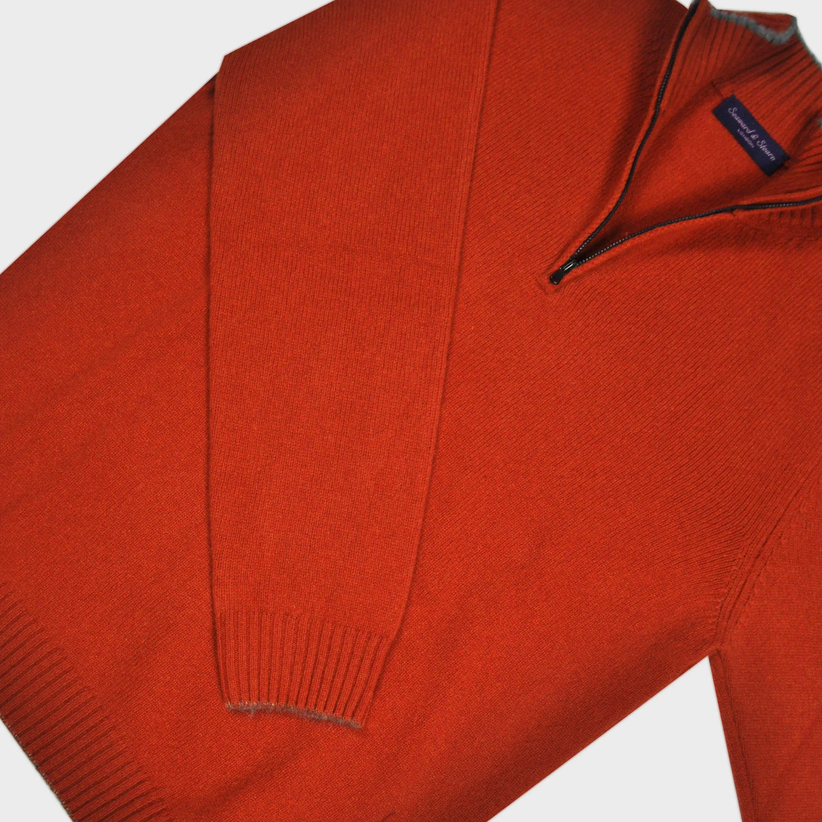 Merino Wool Quarter Zip Jumper in Rusty Red with Beige Trim