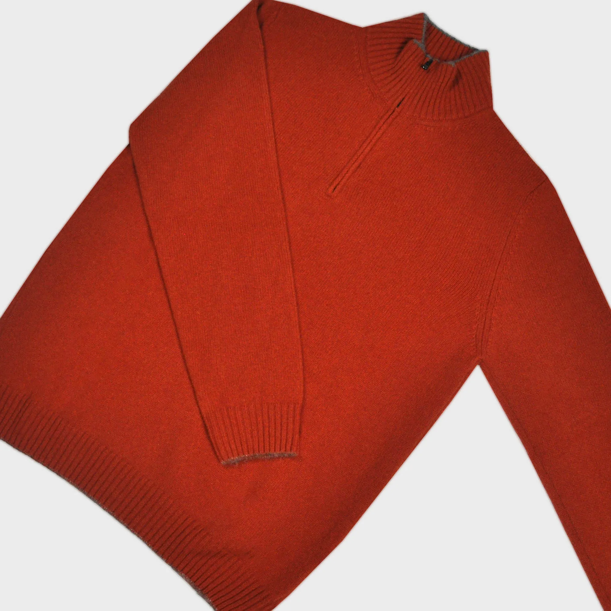 Merino Wool Quarter Zip Jumper in Rusty Red with Beige Trim