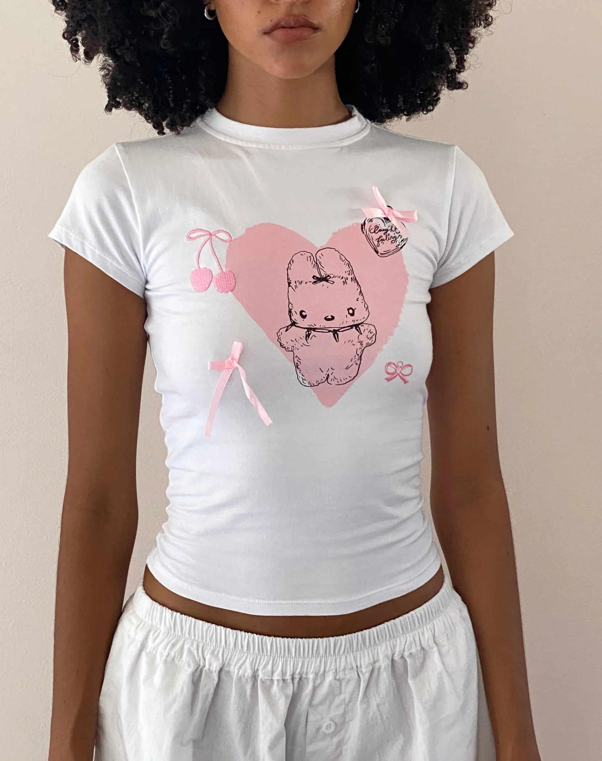 Tiona Cropped Tee in White with Love Bunny Print and Embroidery