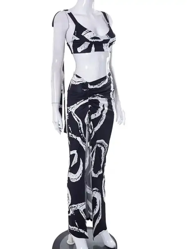 Women’s graffiti print sling wrap bust skirt two-piece set