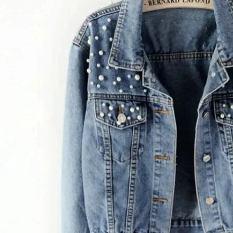 Women's Short Denim Jacket Beaded Pearl Jacket Loose Spring and Autumn New Denim Jacket Fashion Casual Women's Jacket