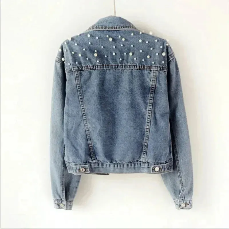 Women's Short Denim Jacket Beaded Pearl Jacket Loose Spring and Autumn New Denim Jacket Fashion Casual Women's Jacket